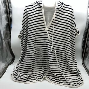 J. Crew Unisex Black and White Striped Cotton Poncho w/Drawstring Hood-Oversized